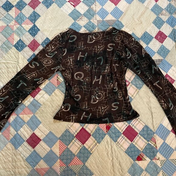 2000s y2k Steps Brand Deep V Wrap Alphabet Print Slinky Knit Bell Sleeve Large - Picture 14 of 16